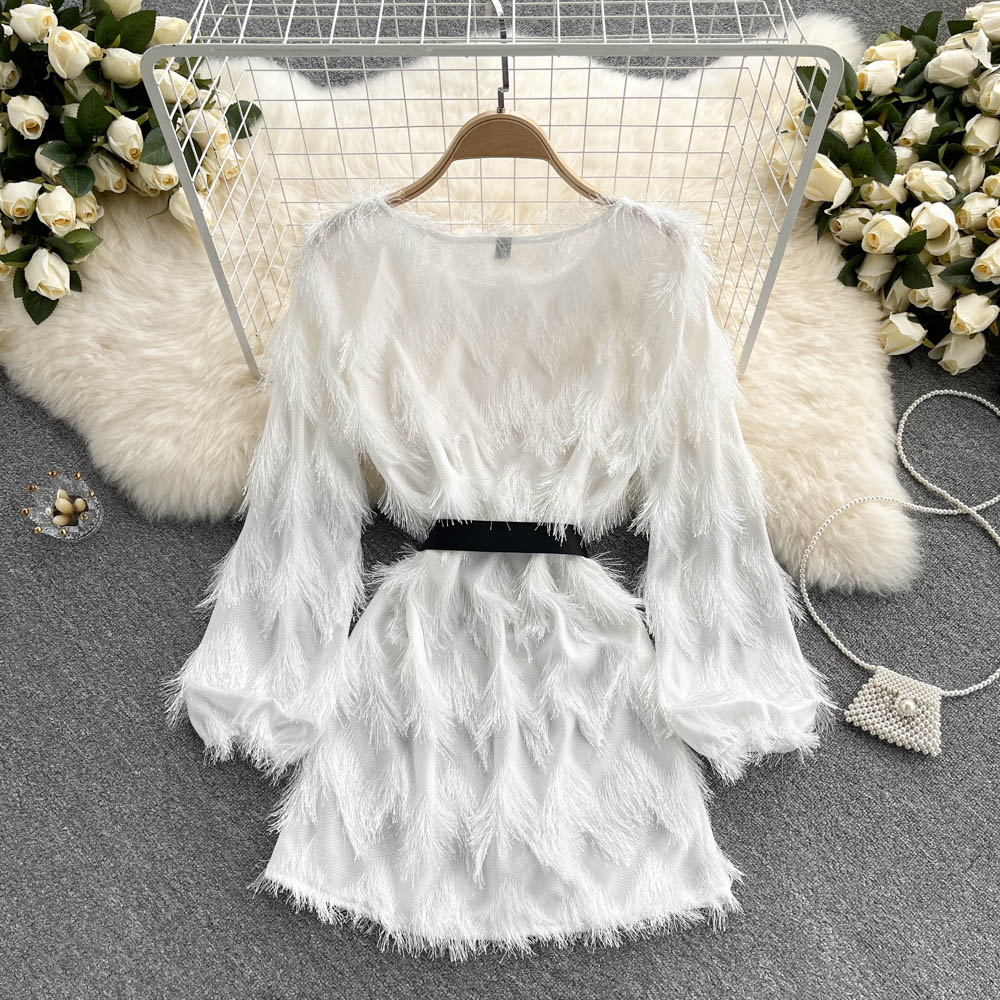 French dress with fur tassel design, small and chic temperament A-line short skirt R2274