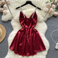 High-grade satin pearl suspender skirt new style niche waist V-neck sexy pure desire dress R2283