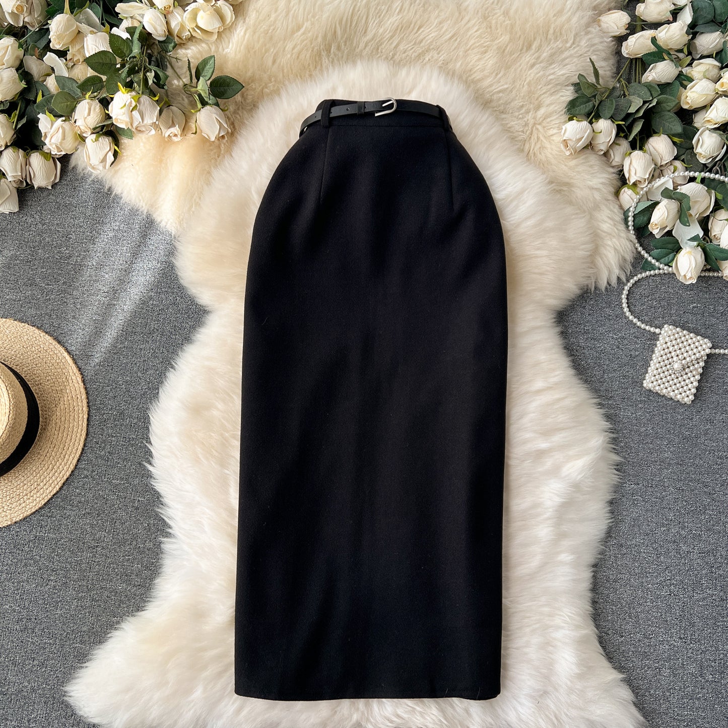 Skirt temperament all-match high waist hip skirt slim fit medium length slit straight skirt R2266