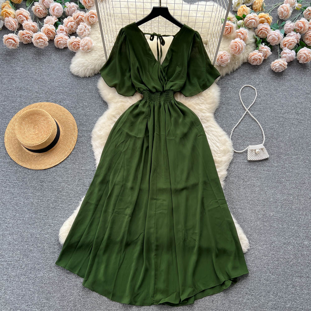 Chiffon dress 2025 new style temperament V-neck elastic waist slim long holiday beach dress R2280