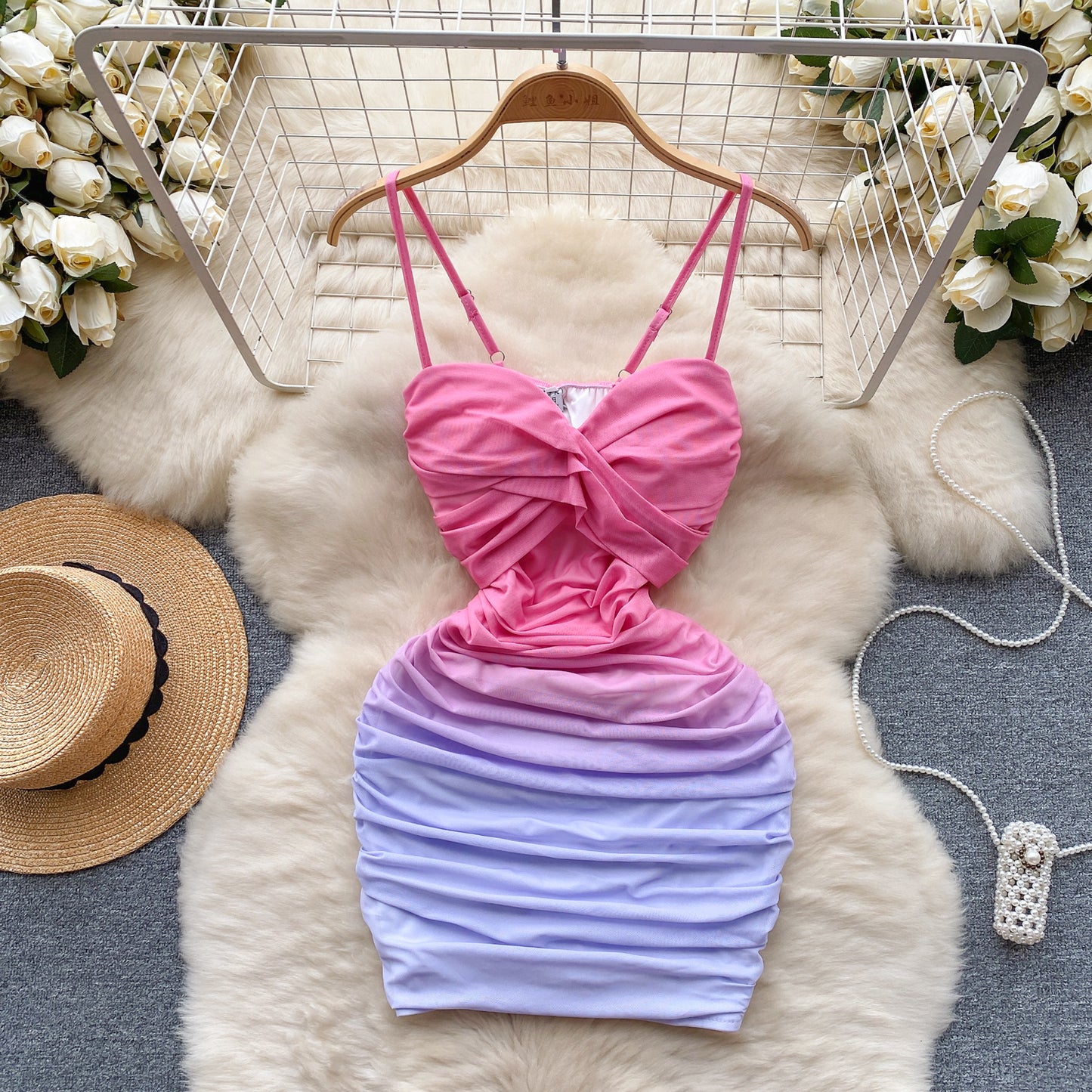 Sexy elastic mesh dress 2025 new pleated slim short sexy hip suspender skirt R2268