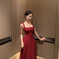 Skirt square neck suspender dress royal sister style temperament wine red high-end dress R1437