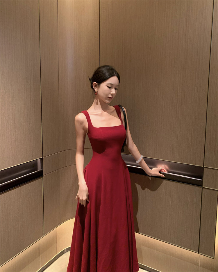 Skirt square neck suspender dress royal sister style temperament wine red high-end dress R1437