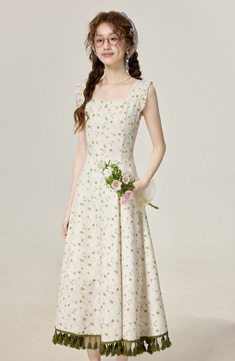 Summer temperament first love series white floral dress green sunscreen shirt R1957