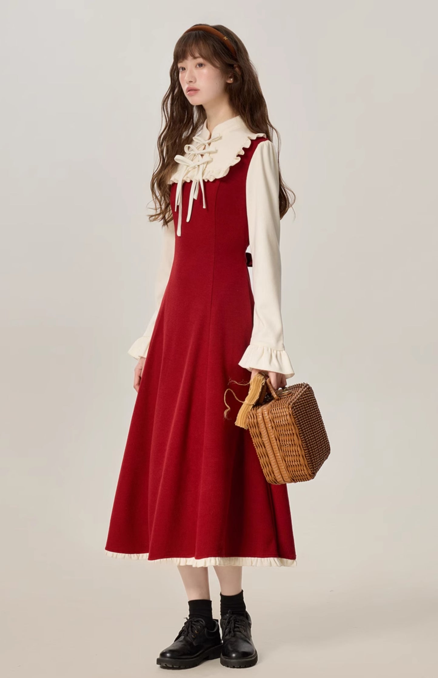 French girl style fake two piece red dress female 2025 new style skirt R1963