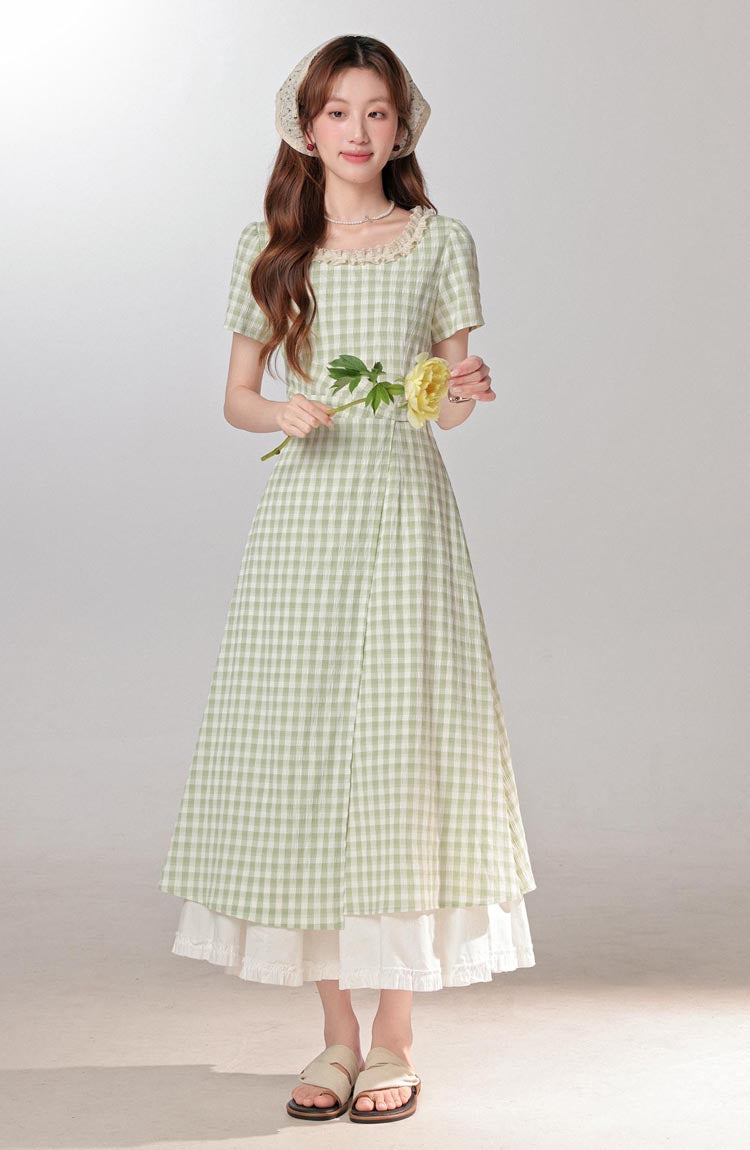 Summer fresh and sweet green plaid dress for women with waist-length dress R1964