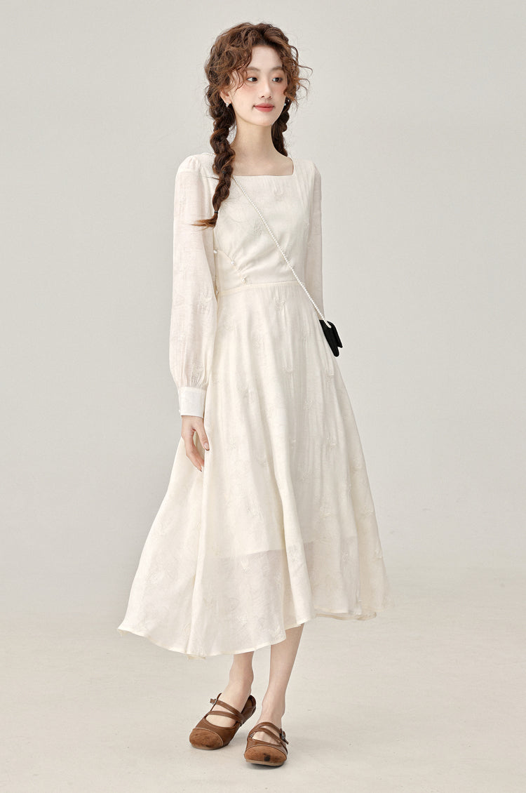 Temperament gentle style white long-sleeved dress new style small long skirt R1965