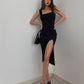 Super temperament square collar slit skirt sexy slim waist S-shaped hot girl figure hip dress R3026