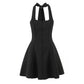 Hot girl temperament retro niche halter neck lace-up backless dress female slim fluffy short skirt R3040