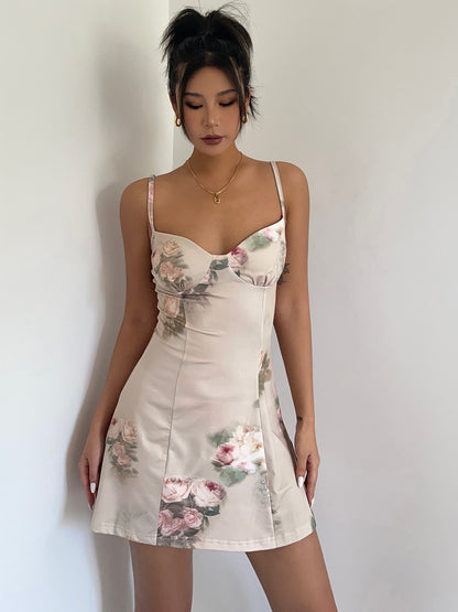Rose suspender dress summer slim temperament sleeveless skirt waist a-line short skirt R3031