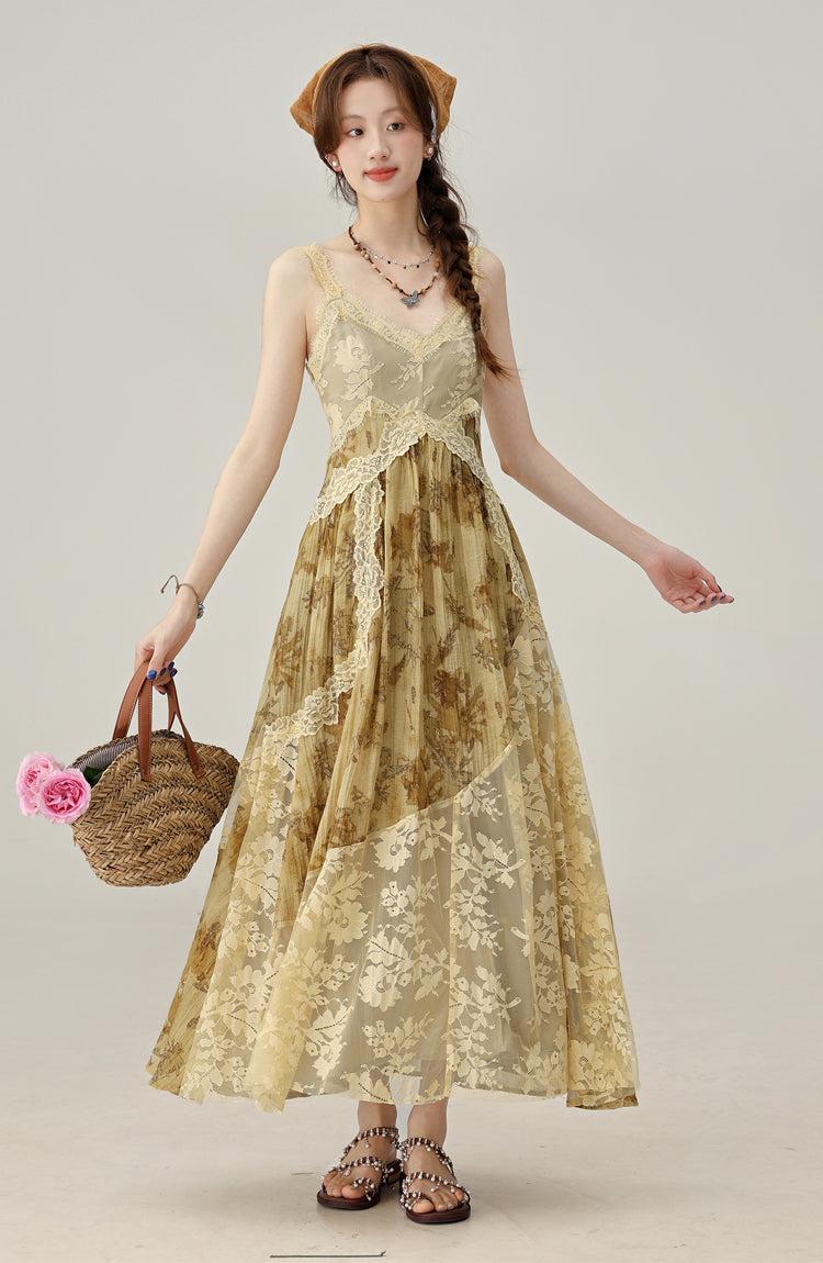 Han element retro floral lace stitching suspender dress holiday long dress R1973