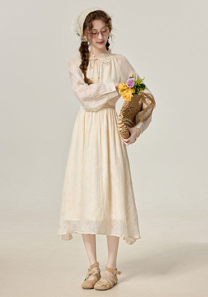 French gentle style apricot long sleeve dress women's new waist skirt R1971