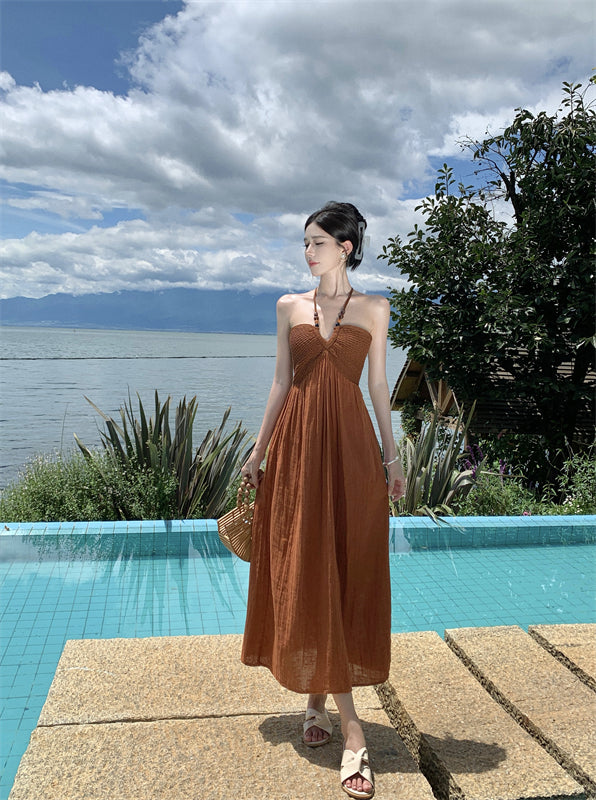 Travel wear retro beaded halter neck knitted dress seaside holiday beach dress R1593