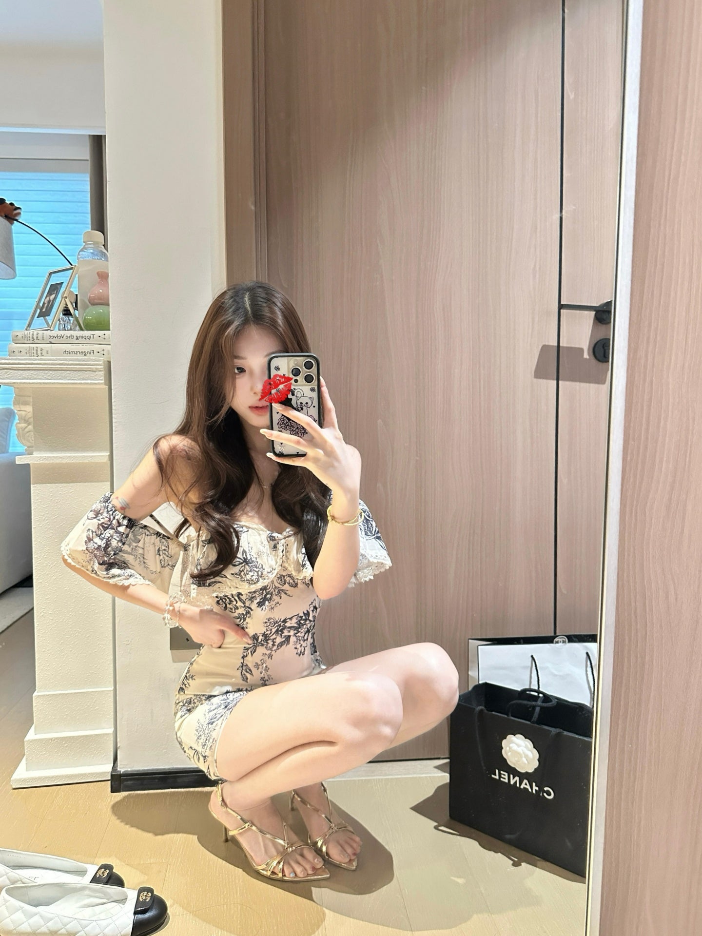 French retro floral one-shoulder dress feminine waist slimming hip short skirt R3593