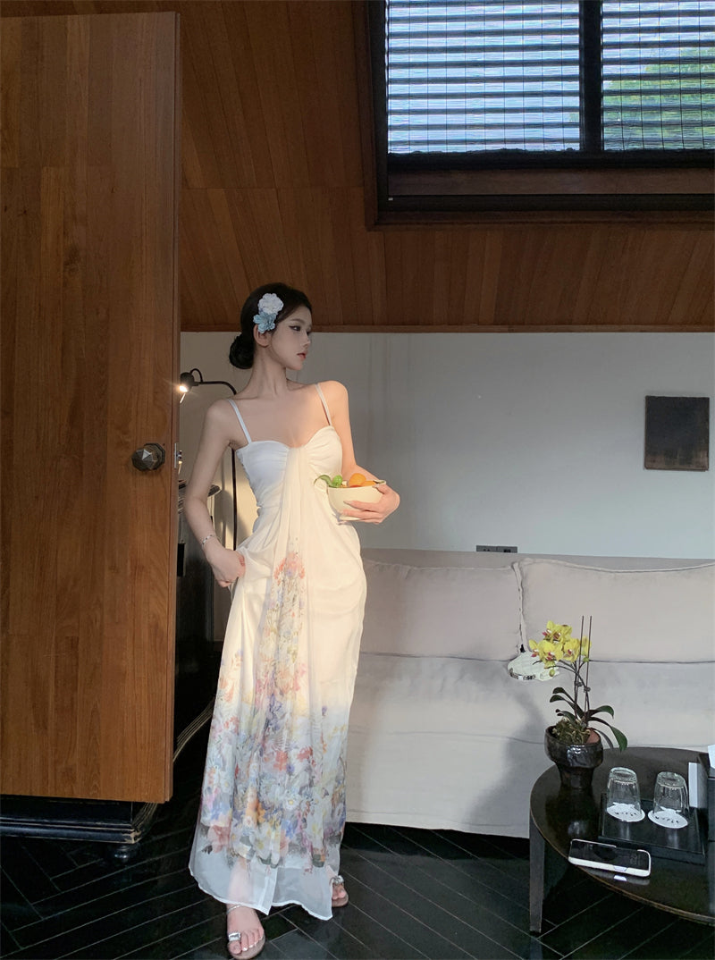 French style beautiful sling dress seaside holiday green print dress beach dress R1564