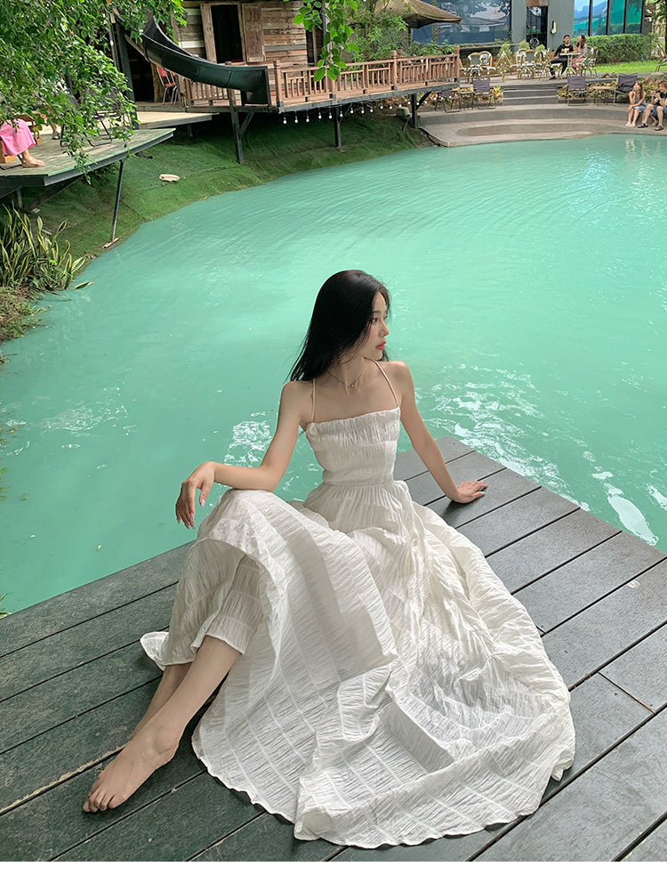 Beach dress suspenders backless dress temperament long skirt holiday style R1565