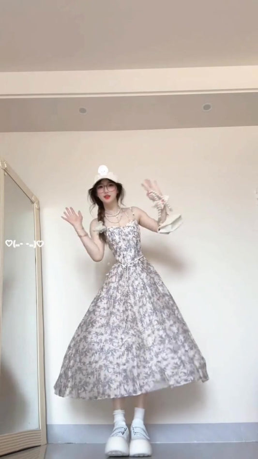 Floral suspender dress new style beautiful waist temperament long dress R0590