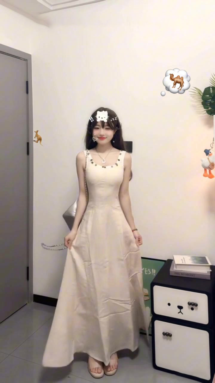 White sleeveless vest dress gentle style waist slim hip skirt R0589