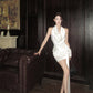 Acetate satin sexy backless halter neck white dress design slim fit temperament hip skirt R1771
