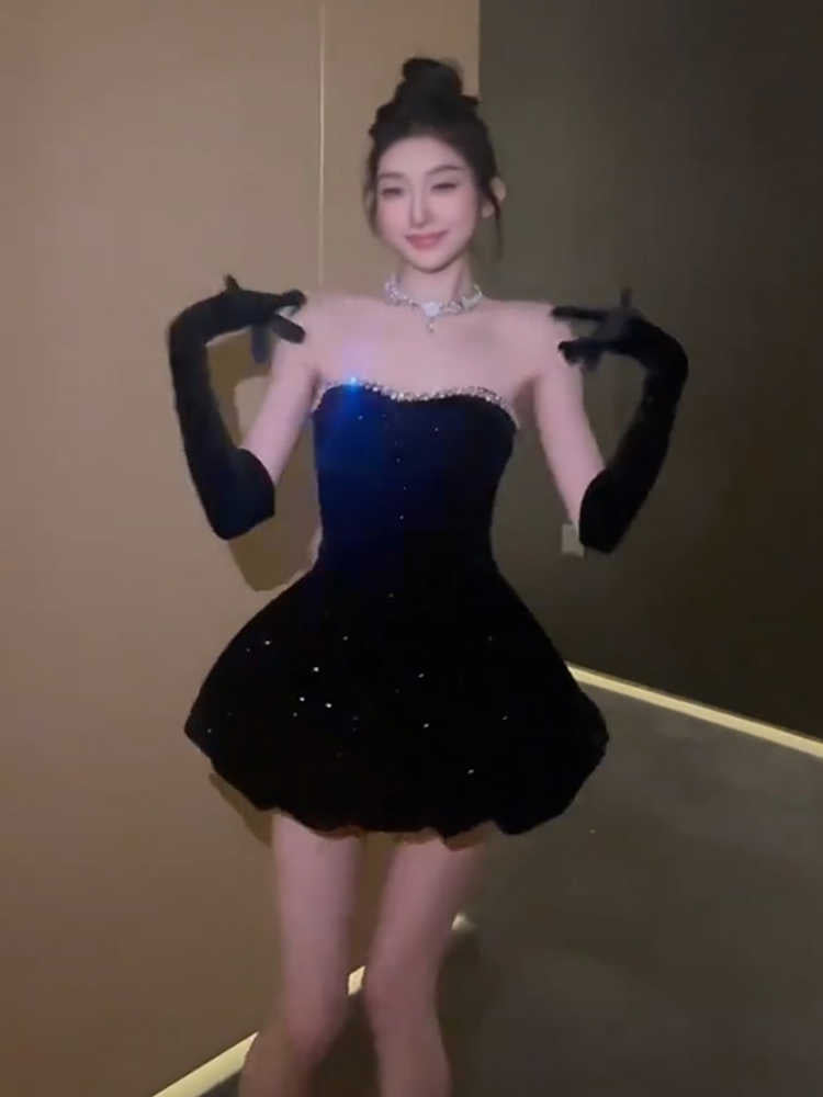 Birthday party dress high-end niche temperament tutu skirt tube top velvet dress R1769