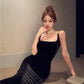 Square collar vest black velvet suspender dress 2025 temperament slim fit inner hip dress R1473