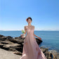 Pink flower suspender dress beautiful small skirt temperament long skirt R0521