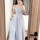 Blue jacquard suspender dress with a slender neckline and a fluffy long skirt. R0524