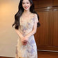 Purple lace patchwork v-neck short-sleeved dress with slim waist and hip skirt R0523