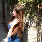 V-neck blue floral suspender dress shows figure and waist A-line short skirt R0522