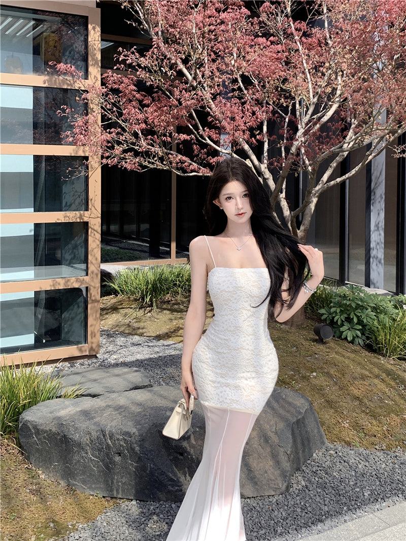 White lace suspender dress beautiful waist hip skirt R0526