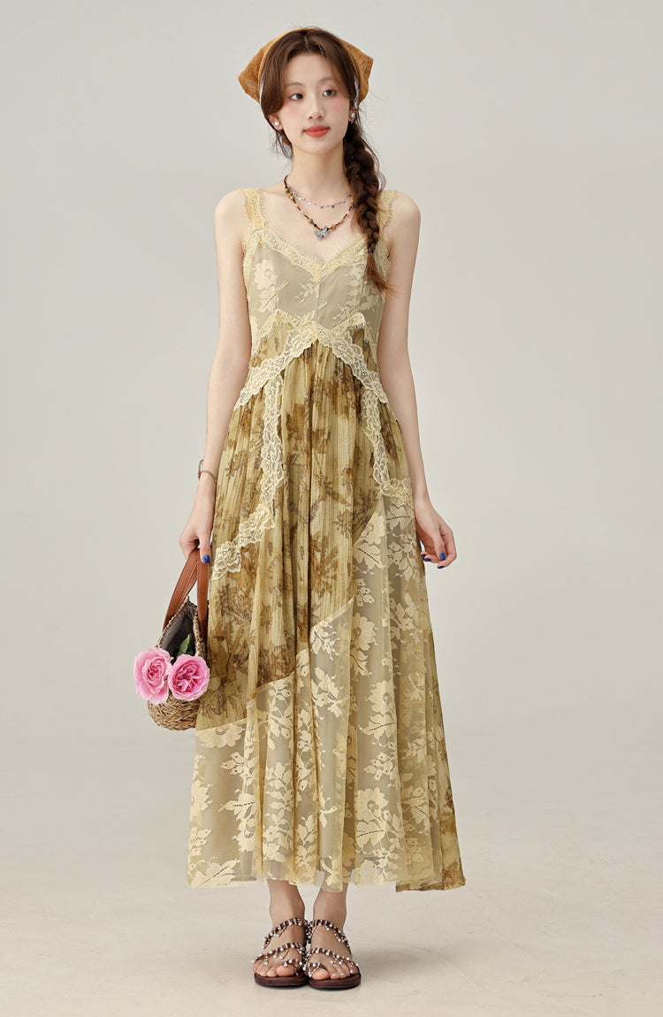Han element retro floral lace stitching suspender dress holiday long dress R1973