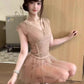 Gentle temperament v-neck sleeveless top mesh skirt beautiful two-piece suit R0870