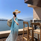Holiday style gentle temperament unique beautiful blue suspender top skirt two-piece set R0869