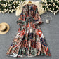 European and American style pleated printed dress lantern long sleeve waist slim long skirt R2322