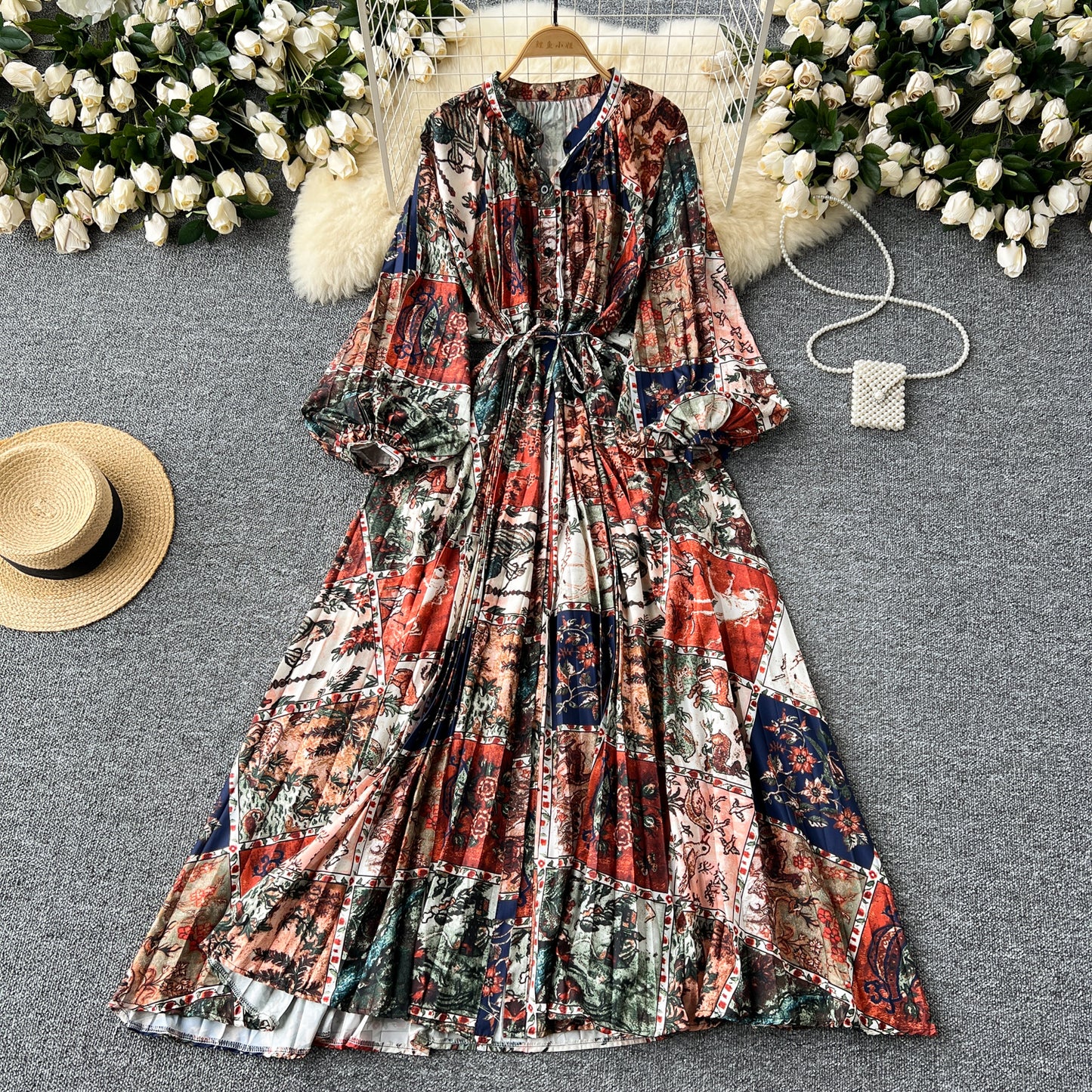 European and American style pleated printed dress lantern long sleeve waist slim long skirt R2322