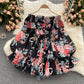 Holiday style jumpsuit with off-shoulder puff sleeves and slim fit short chiffon print dress pants R2324