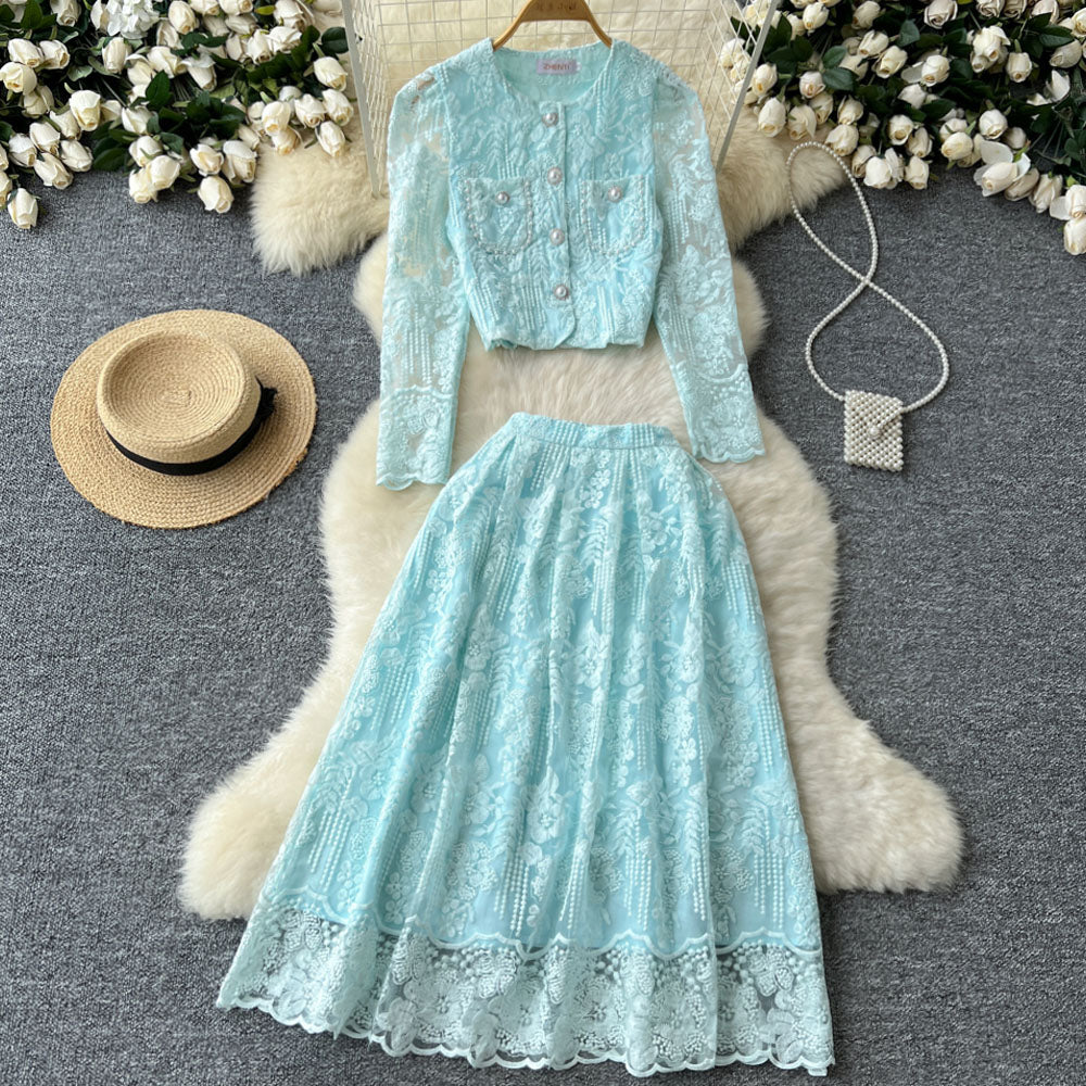 Chanel style suit short round neck puff sleeve lace top high waist wide skirt two-piece suit R2323
