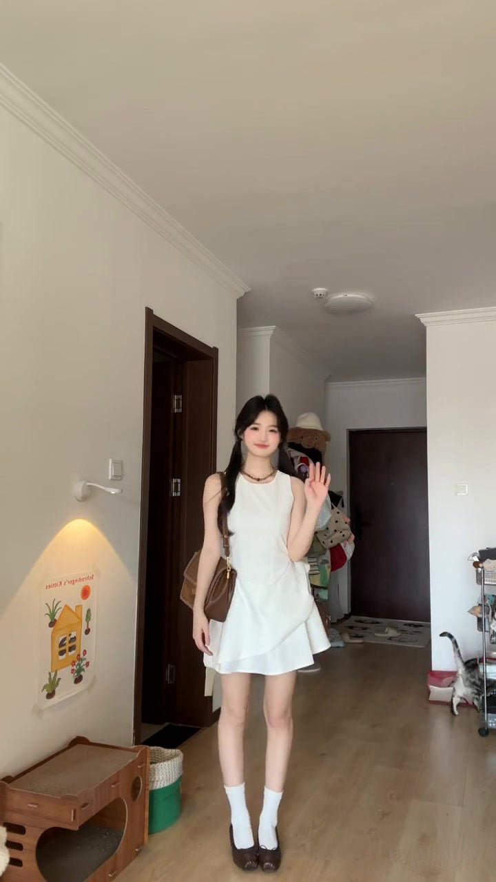 Gentle style white vest dress for women irregular beautiful waist bud skirt R0825