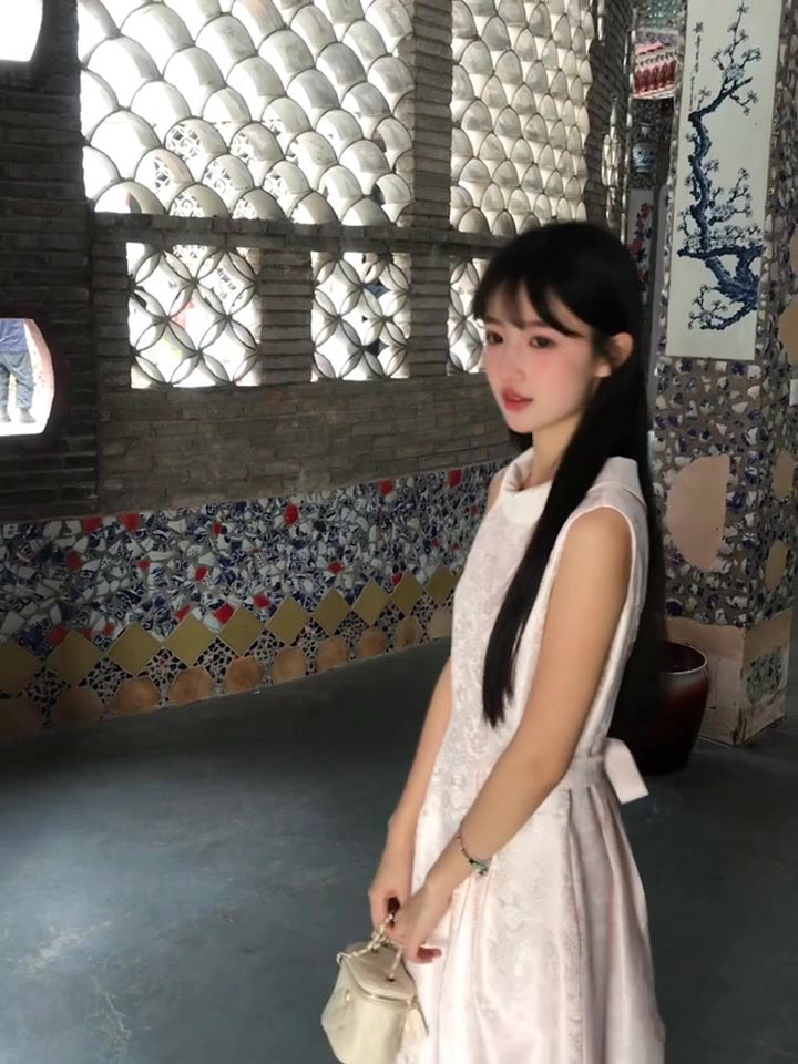 Pink jacquard vest dress gentle temperament waist A-line short skirt R0826