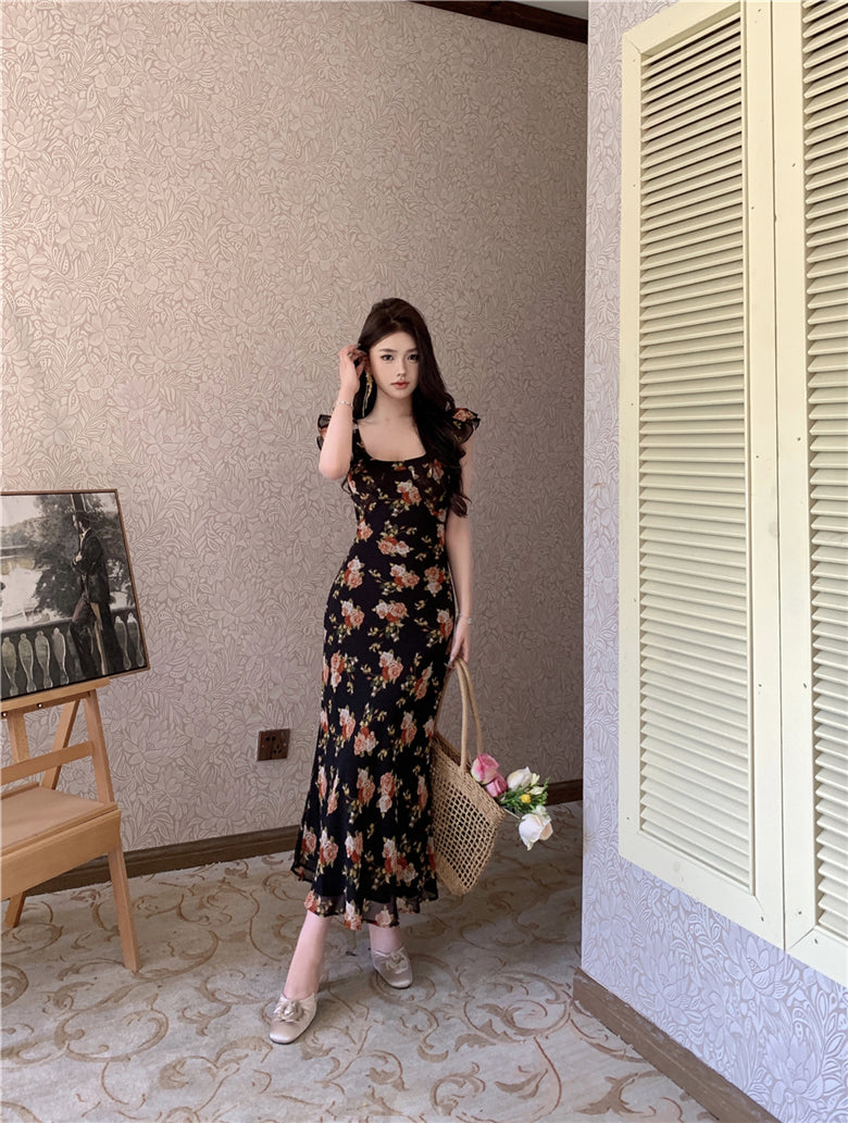 Temperament high-end retro floral dress super beautiful long skirt R0646