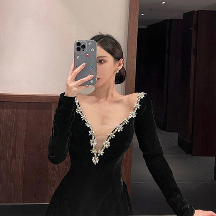 Birthday party dress high-end niche temperament sexy v-neck dress R1787