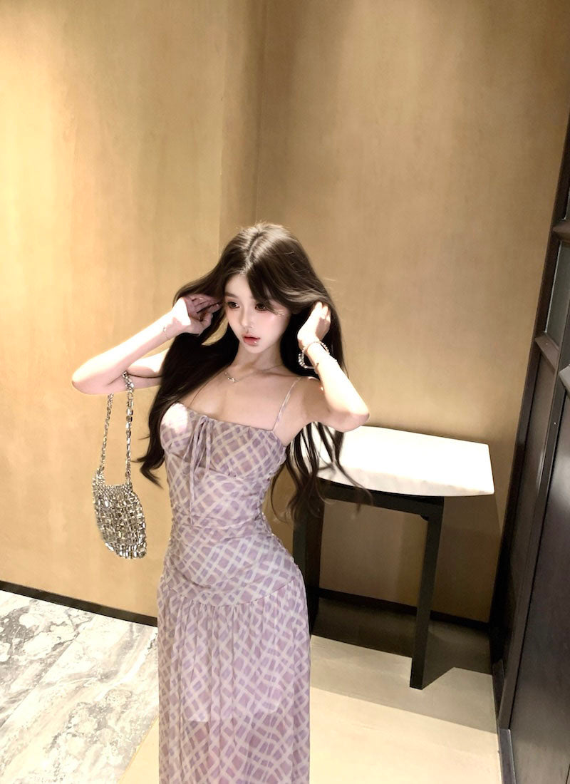 Purple suspender dress beautiful waist a-line beach dress R0587