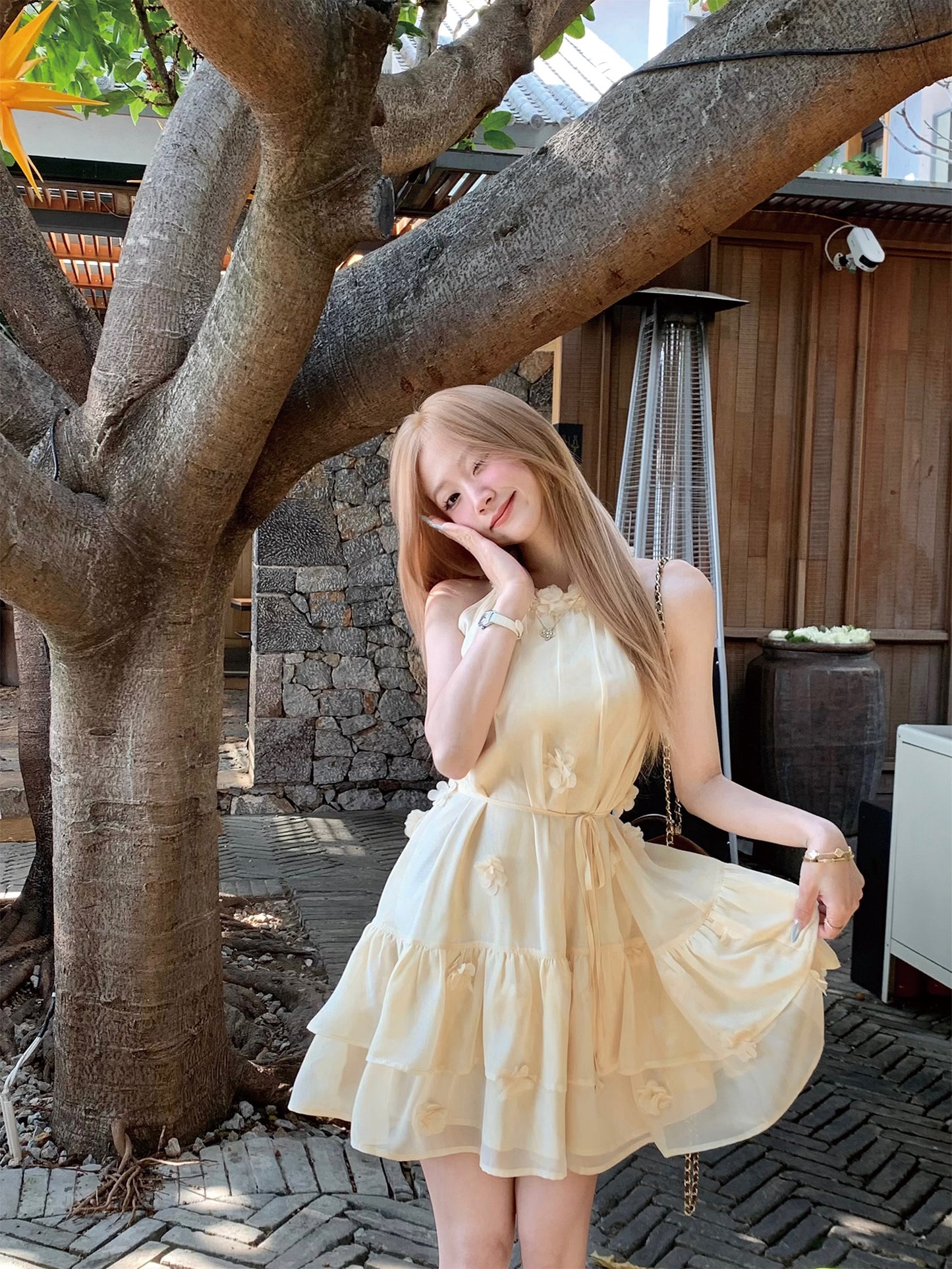 Cream Yellow Halter Neck Dress Summer French Tulle Short Skirt Babydoll Skirt R3833