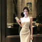 Sexy satin halter neck dress, elegant waist, slimming, hip-wrapped fishtail gentle dress R1460