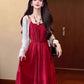 Retro red suspender dress holiday style temperament waist A-line long skirt R0682