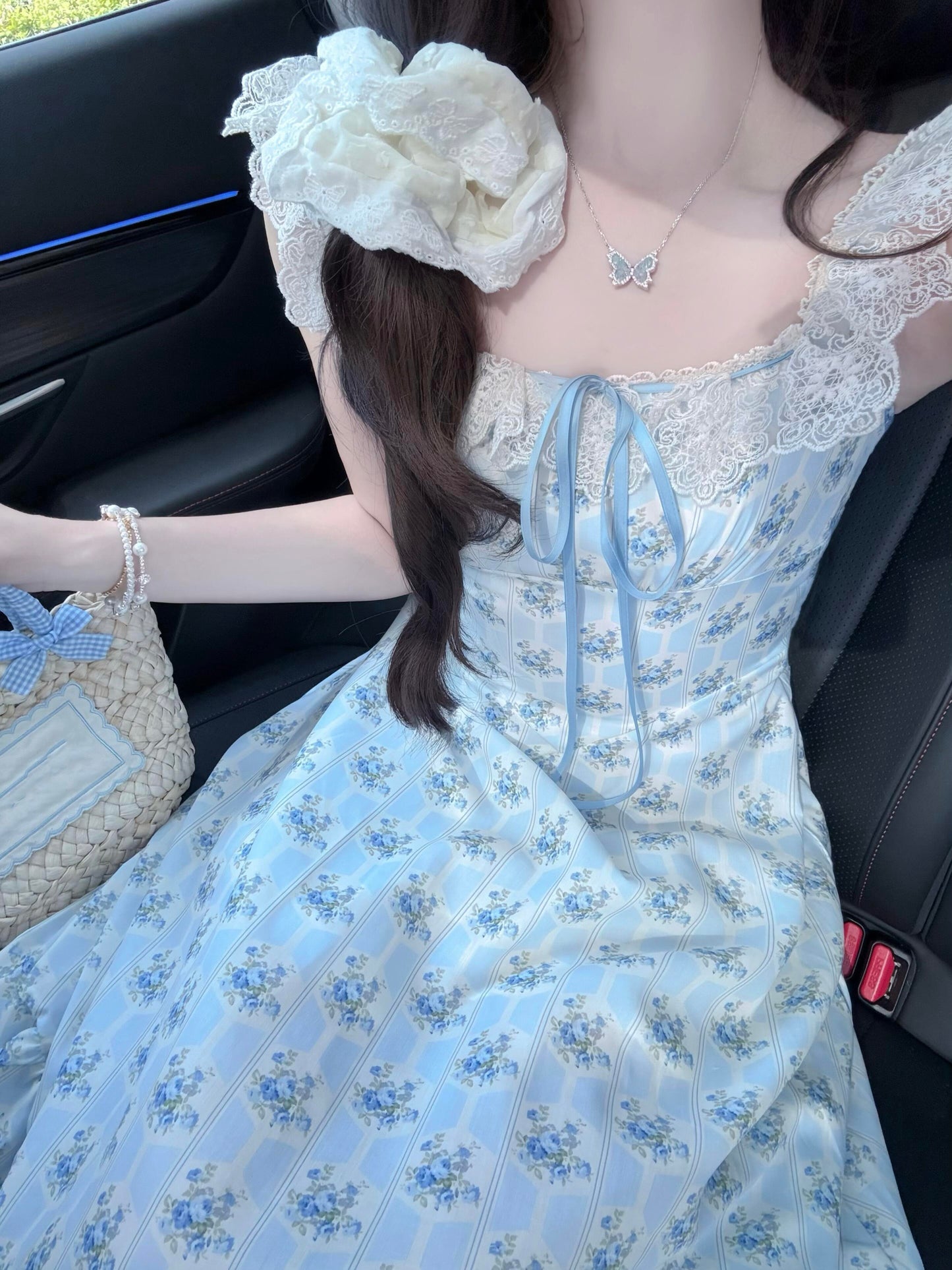 Gentle temperament blue floral dress new style beautiful small skirt R0684