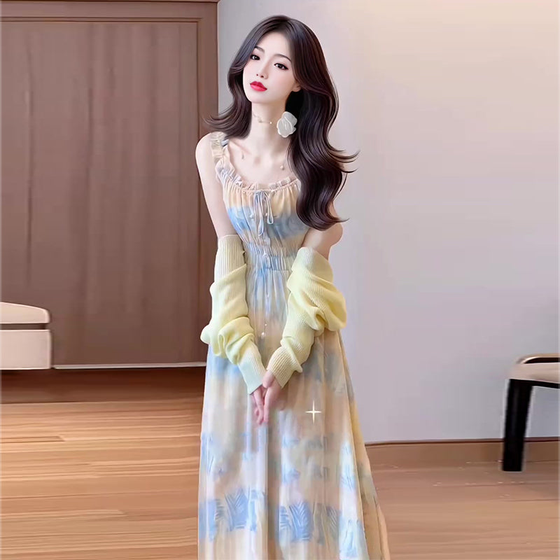 Gentle floral suspender dress holiday style beautiful waist A-line long skirt R0688