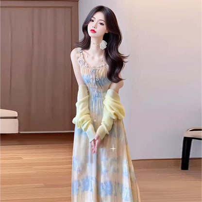 Gentle floral suspender dress holiday style beautiful waist A-line long skirt R0688