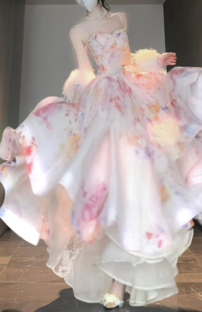 Gentle temperament pink floral suspender dress beautiful waist dress R0685