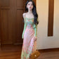 Beautiful little skirt gentle temperament green floral suspender dress R0683